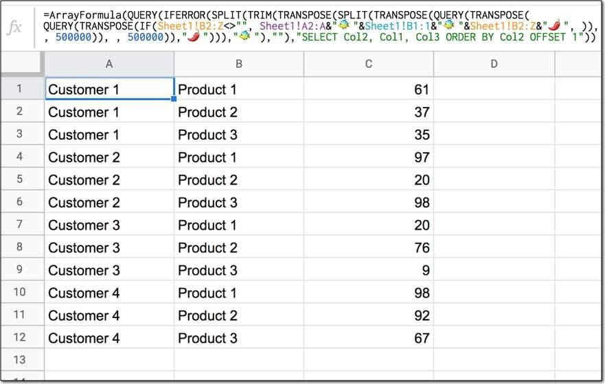 Cách thực hiện Unpivot trong Google sheets bằng công thức